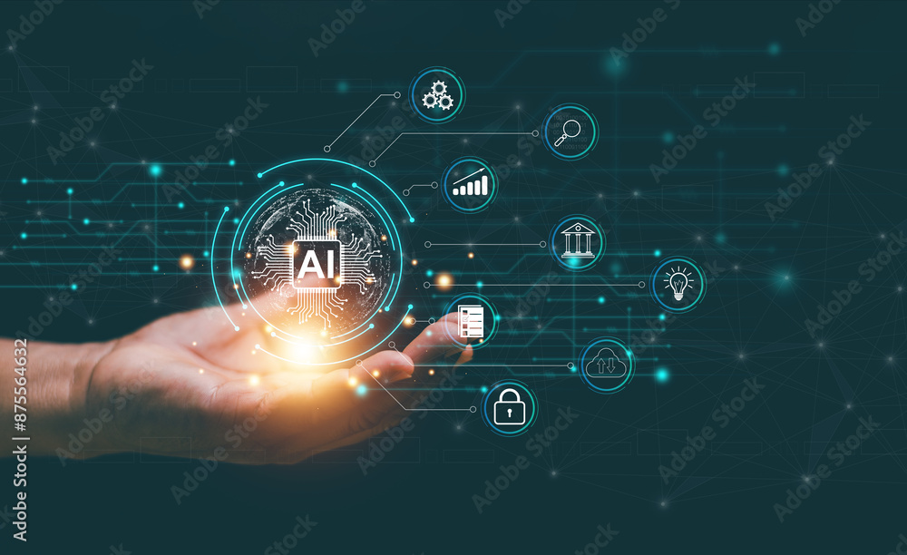 Poster Ai technology concept, Businessman holding virtual graphic global internet connect with AI, Futuristic technology transformation, Chat with AI, Smart search. Generate something by command prompt.