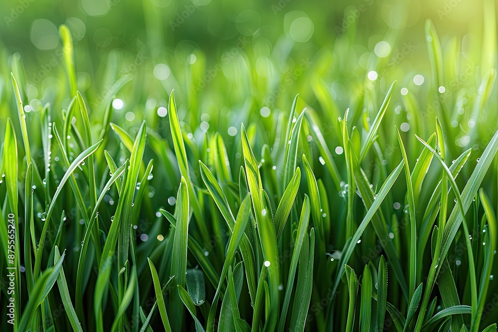 Poster a lush green field with dew drops on the grass. the grass is wet and the dew is still visible