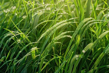 Obraz premium The grass is wet and green, with droplets of water on the leaves. Concept of freshness and vitality, as the grass appears to be thriving in the rain