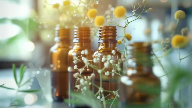 Four small amber-colored essential oil bottles are arranged in a row, surrounded by delicate, yellow and white flowers. The warm sunlight casts a soft glow over the scene, creating a calm, soothing