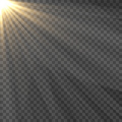 Vector light on isolated transparent background. Sun, rays of light png. Magic glow, golden light png.	
