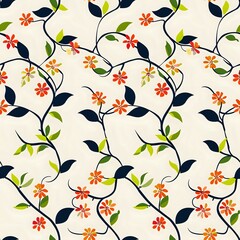 Dark Blue Vines and Small Orange Flowers Seamless Pattern
