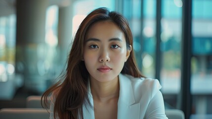 Fototapeta premium Portrait of young mixed race Asian businesswoman sitting