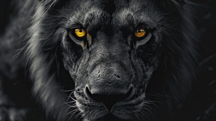 A grayscale shot of a lion with yellow eyes staring aggressively at the camera showing its strength