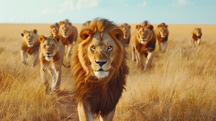 Male lions leading pride through savanna in National Park.