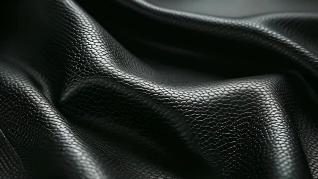 A detailed close-up view of black leather fabric displaying its textured surface and smooth folds. The lighting emphasizes the material's richness and depth, creating a luxurious mood.