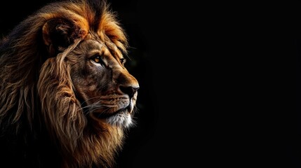 Naklejka premium Portrait of a beautiful lion and copy space. Lion in dark