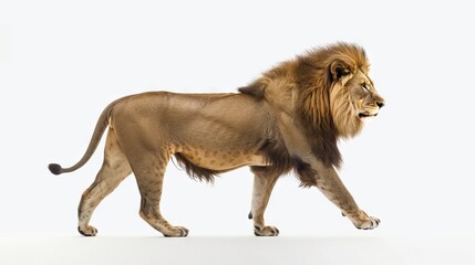 Obraz premium Side view of a male adult lion walking away isolated on white