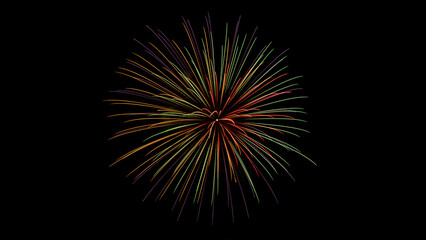 Beautiful close-up photo of an exploding firework with vibrant colors. Isolated against a black night sky with copy space.