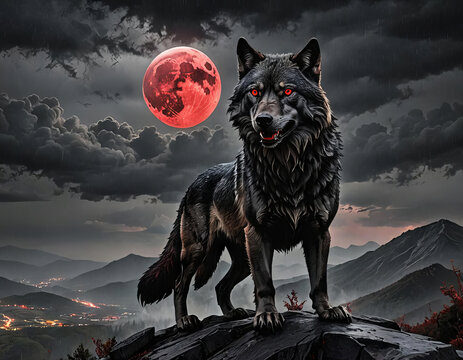 A black wolf under a red blood moon. 
