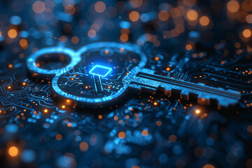 Key in blue technology background. Digital security and data protection concept.  