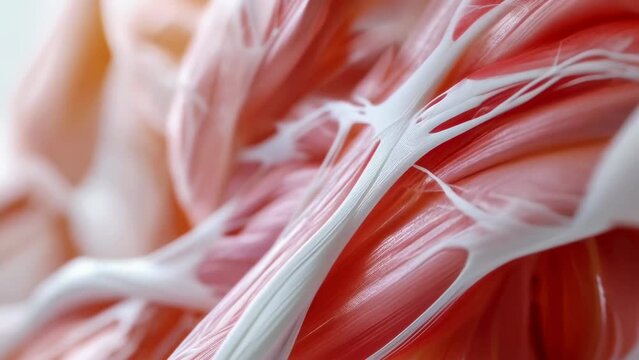 Close-up of an intricate pink and white fibrous texture, showcasing detailed intertwined patterns. The image highlights the complexity and beauty of the fibrous material with soft lighting.