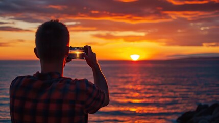 man taking photos of sunset with mobile phone