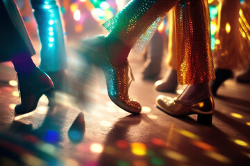 Closeup legs of people dancing in a disco surrounded by lights in colorful shiny clothes and trendy male metallic shoes in 70s style.