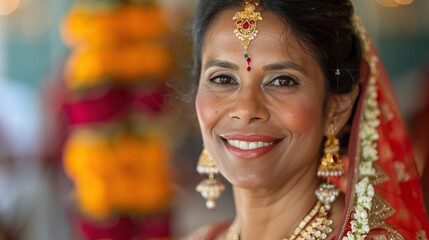 Fototapeta premium Indian woman in traditional sari happy portrait.