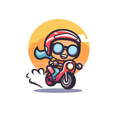 Fototapeta premium Cute cartoon character riding a motorcycle with a vibrant sunset background. Perfect for adventure and travel themes.