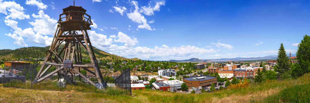 Helena Montana City Skyline, Buildings, Roads, and Horizon, view from Fire Tower Park: Dramatic Summer Landscape of the Historic landmark Metropolis of the American West