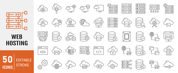 Web Hosting line icons set. Editable stroke. Containing as web hosting, server, data center, cloud hosting, domain, ftp, internet, database and firewall, ad more. Vector illustration
