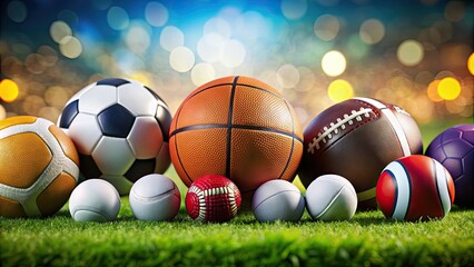 Colorful array of sports balls on a vibrant field , soccer, basketball, football, vibrant, hues, textured, surfaces