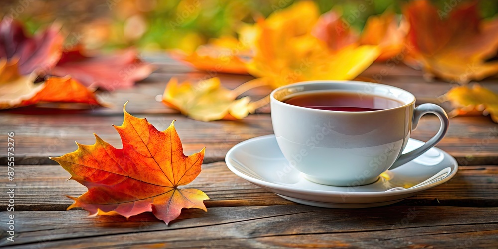 Poster Closeup view of a cup of tea with vibrant autumn leaf , tea, cup, hot drink, autumn, leaf, fall, cozy, relaxing, beverage, warm