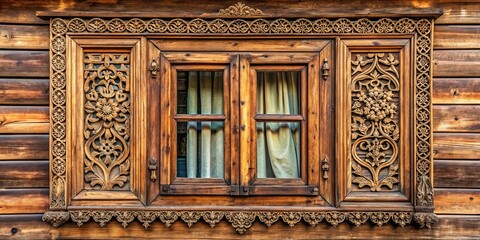 Obraz premium Close-up of a vintage wooden window with intricate carvings, wood, window, vintage, architecture, home, design