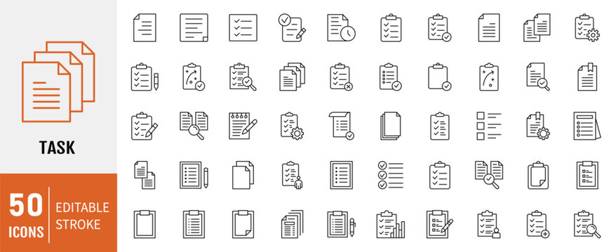 Clipboard, checklist, report, survey or agreement editable stroke outline icons set isolated on white background vector illustration. Pixel perfect.