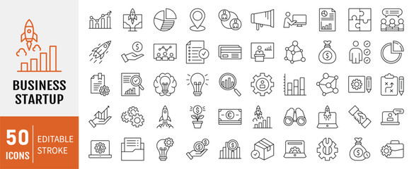 Startup icon set. Containing icon: Innovation, business plan, investment, launch, funding, investor and entrepreneurship and more. Vector illustration