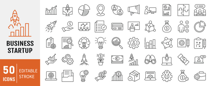Startup icon set. Containing icon: Innovation, business plan, investment, launch, funding, investor and entrepreneurship and more. Vector illustration