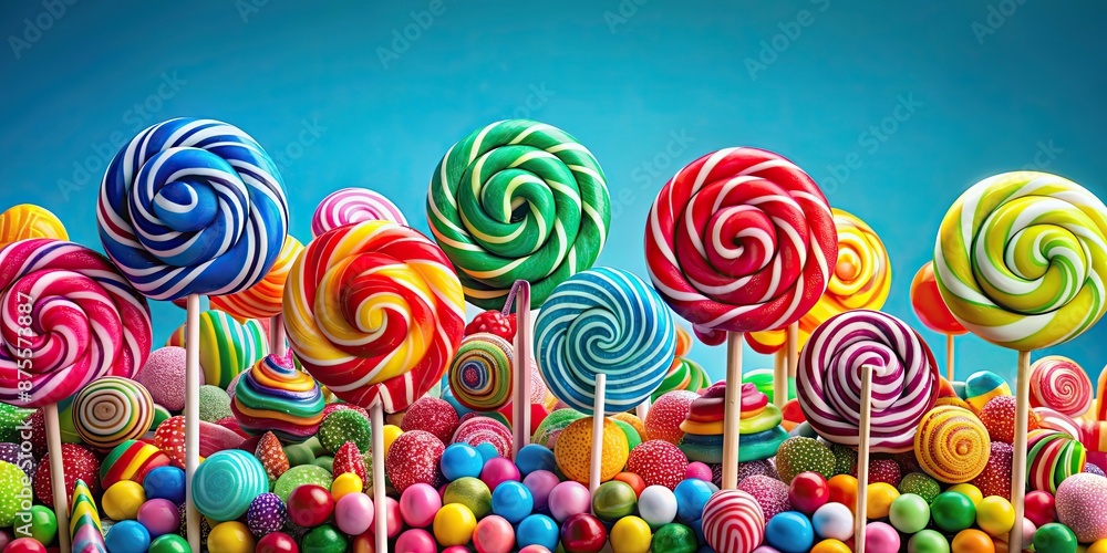 Sticker Vibrant and colorful lollipops in a whimsical Candy Land scene, sweet, candy, lollipop, vibrant, colorful, fantasy, sugar