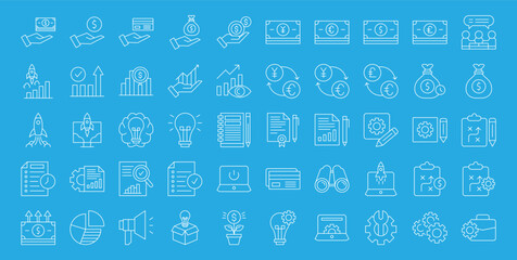 Startup icon set. Containing innovation, business plan, investment, launch, funding, investor and entrepreneurship icons. 