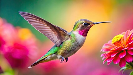 Naklejka premium Hummingbird flying gracefully from a vibrant flower, hummingbird, flower, nature, wildlife, vibrant, colorful, beauty