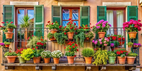 Italian house summer window balcony garden box decorated with flowers and plants in colored pots, Italy, house, summer