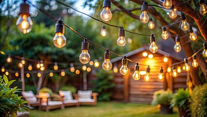 String lights hanging in backyard for outdoor party , backyard, string lights, outdoor, party, summer, decoration