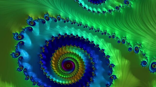 Colorful Fractal Spiral Pattern With Green, Blue, and Yellow Hues