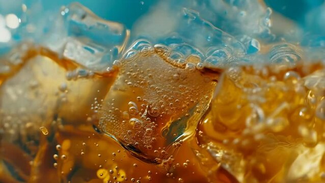 A close-up view of iced tea splashing with ice cubes and bubbles, captured in mid-motion. The bright, refreshing beverage creates a dynamic and lively scene under ample light, enhancing the summer