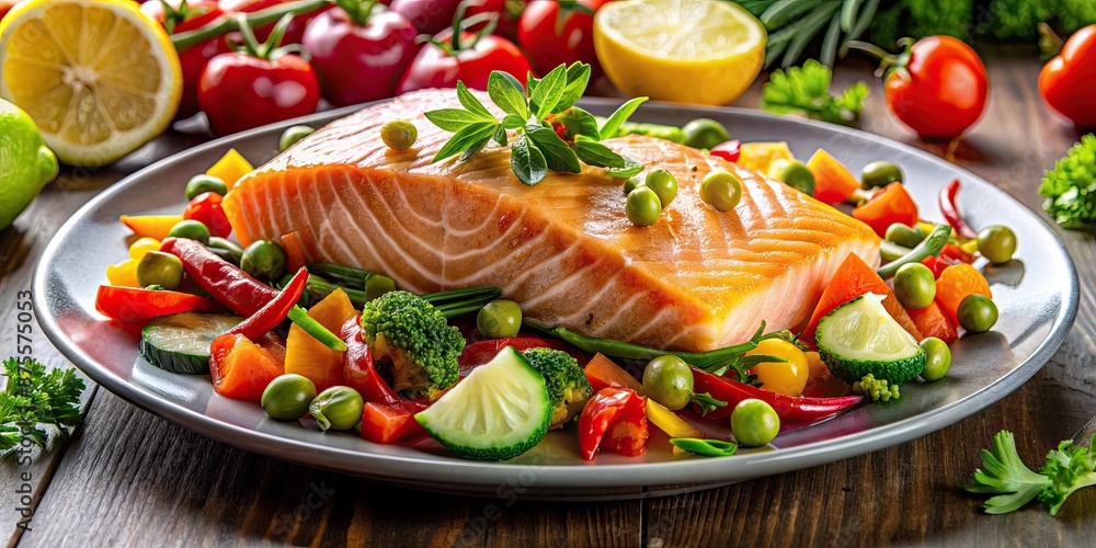 Wall mural Salmon fillet served with a colorful array of vegetables, salmon, fish, seafood, vegetables, healthy, cooking, meal, dinner, lunch