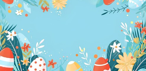 Naklejka premium Easter background with colorful eggs and flowers on a light blue color. ecommerce banner template design. Design for advertising or promoting goods and services.