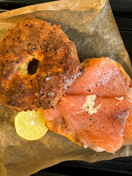 Smoked salmon with cottage bagle for breakfast.