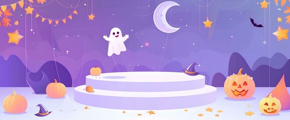Naklejka premium podium with the moon, pumpkins and ghosts on a purple background for a Halloween advertising banner or promotion sale template. bunting flag , concept design with a spooky theme background.