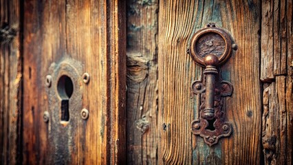 Closeup of a weathered keyhole with a vintage key on a wooden antique door , vintage, keyhole, key, wooden, antique, closeup