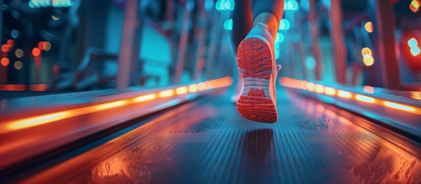 Close-up of a person running on a treadmill with neon lights. Studio fitness photography. Exercise and gym workout concept. Banner with copy space
