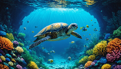 Obraz premium Coral Reef Cross Section with Sea Turtle