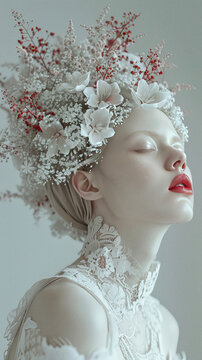 Beautiful androgen blond woman in an elaborate headpiece made of flowers