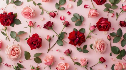 Rose pattern in multi-color, red rose, pink rose in flower bouquet for background and wallpaper with soft pink paper background. 