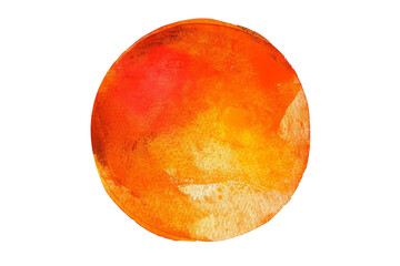 Obraz premium Vibrant orange watercolor painting of a circular sun, showcasing artistic brush strokes and fiery hues. isolated on a white background, transparent background.