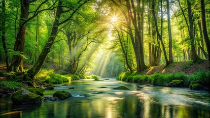 Fototapeta premium Lush green forest with a flowing river and sunlight streaming through the trees, nature, Earth, planet, environment, trees, foliage