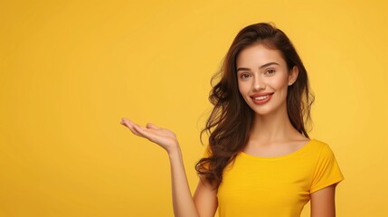 Fototapeta premium beautiful girl presenting product, wearing summer shirt on yellow background, advertising concept
