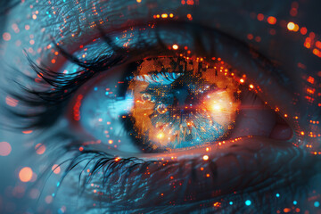 Illustration of digital eye neon style on dark blue background, computer vision and hightech technology concept. 3D Rendering 