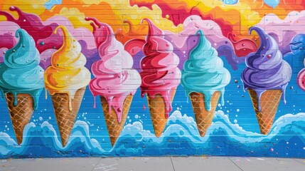 Vibrant Mural in Small Ice Cream Shop Featuring Happy Customers and Scrumptious Treats