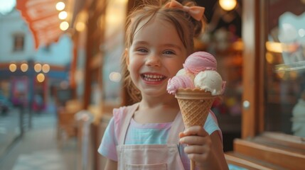 Happy Child with Ice Cream Cone at Ice Cream Shop